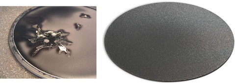 Figure 1 Left: Failure mode of a 50-µm thin-film diamond electrode manufactured as part of a research program into thin-film electrodes. Right: At ~0.7 mm thickness, freestanding diamond electrodes ~130 mm in diameter are robust and have been deployed in the field for many years.